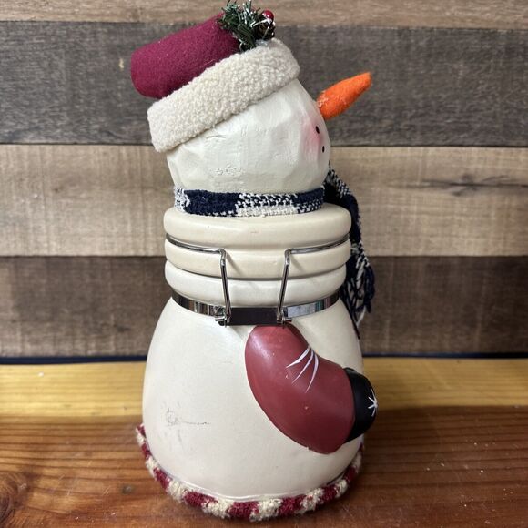 Pine Trail Ceramic Canister Snowman Hinged Lid Cookie Jar 12" tall 6" wide - Picture 4 of 8